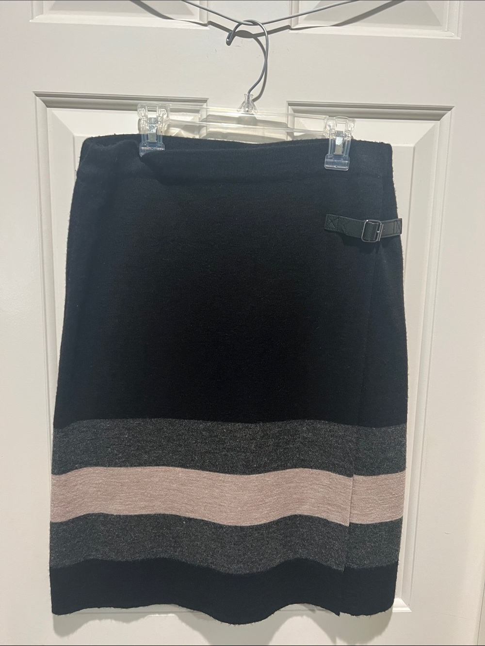 Linea Domani Black Colorblock Stripe Knit Buckle Wrap Skirt M